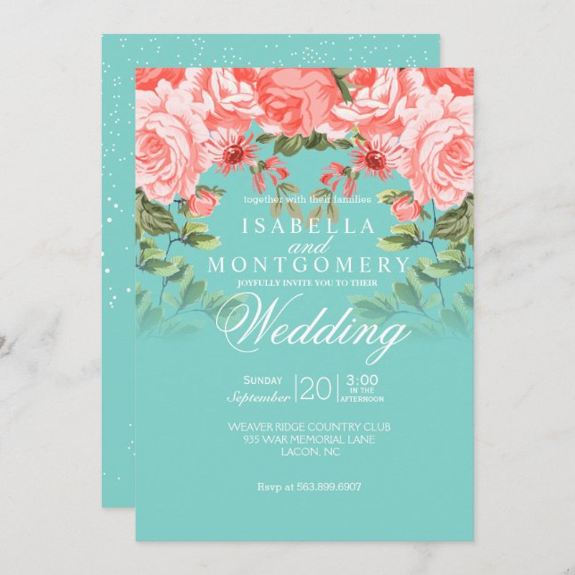 Botanical Wedding Coral Floral  on Teal Invitation (Front/Back)