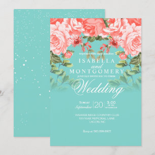 Botanical Wedding Coral Floral  on Teal Invitation