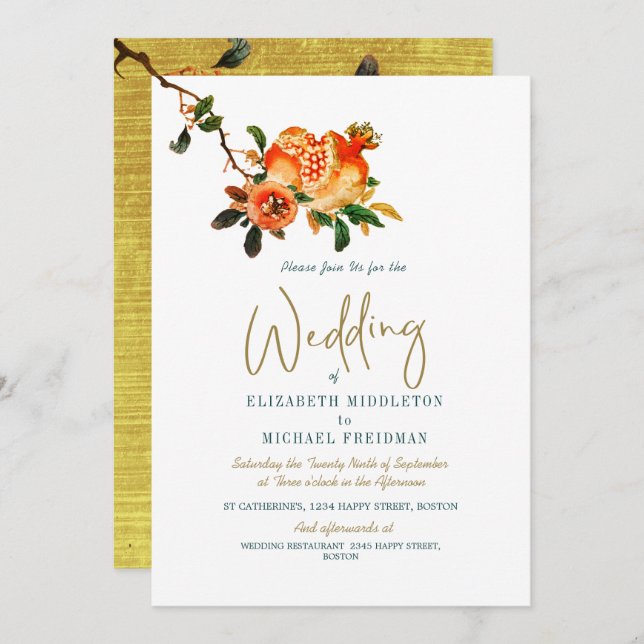 Botanical Wedding Gold Elegant Modern Pomegranate Invitation (Front/Back)