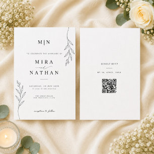 Botanical Wedding Invitation with Monogram & QR 