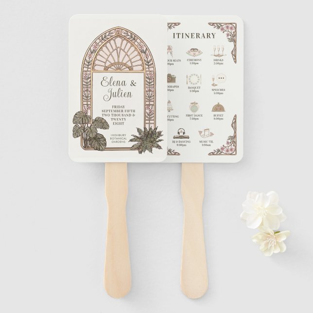 Botanical Wedding Itinerary Program Order of Day Hand Fan (Front and Back)