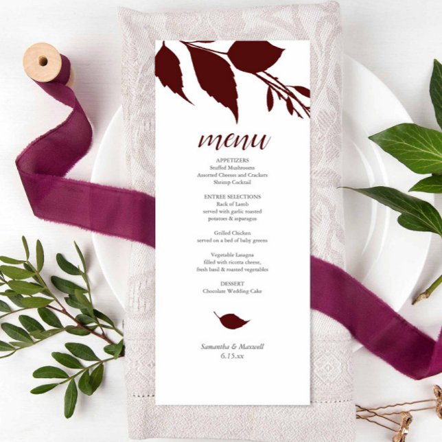 Botanical Wedding Maroon Menu Card (Maroon wedding menu features burgundy leave art by Victoria Grigaliunas of Do Tell A Belle)