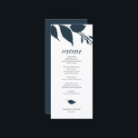 Botanical Wedding Midnight Blue Menu Card<br><div class="desc">This modern wedding menu template is part of Do Tell A Belle's fall luxury invitation collection. The design features simple leaves in midnight blue. Customise them with menu items, names and event date. Perfect for evening weddings, bridal shower, rehearsal dinners or whatever you like. A elegant yet botanical choice for...</div>