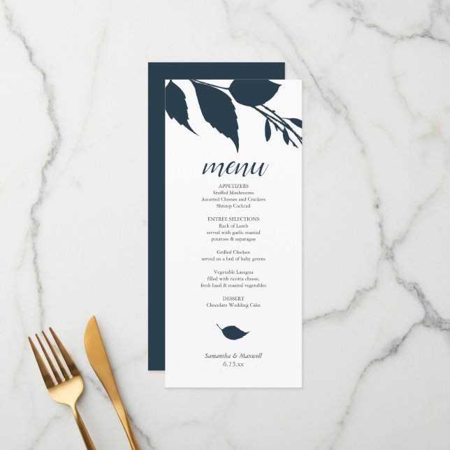 Botanical Wedding Midnight Blue Menu Card (Front/Back In Situ)