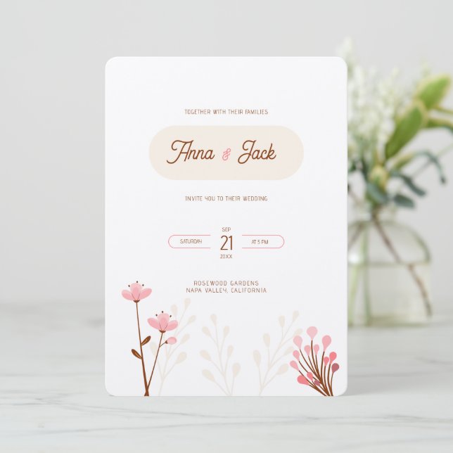 Botanical wedding pink and beige wild flowers invitation (Standing Front)