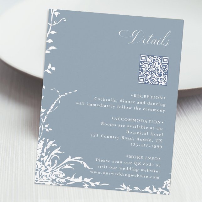 Botanical Wedding QR Code Details Dusty Blue  Enclosure Card (Creator Uploaded)