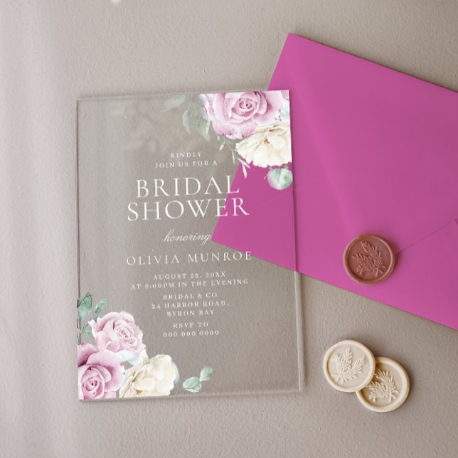Botanical White & Blush Floral Bridal Shower Acrylic Invitations (Creator Uploaded)