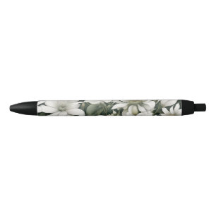 Botanical white flowers on green leaves black ink pen