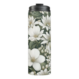 Botanical white flowers on green leaves thermal tumbler