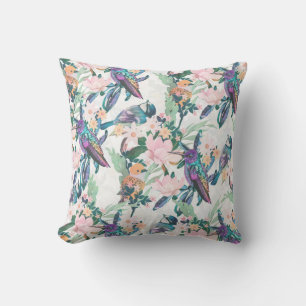 Botanical White Garden Flowers and Birds Cushion