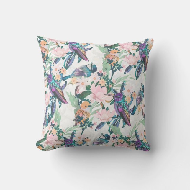 Botanical White Garden Flowers and Birds Cushion (Front)