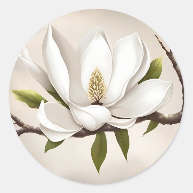 Botanical White Magnolia Classic Round Sticker (Front)