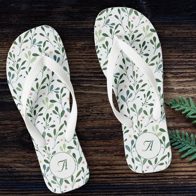 Botanical white pattern leaves  flower name thongs (Creator Uploaded)