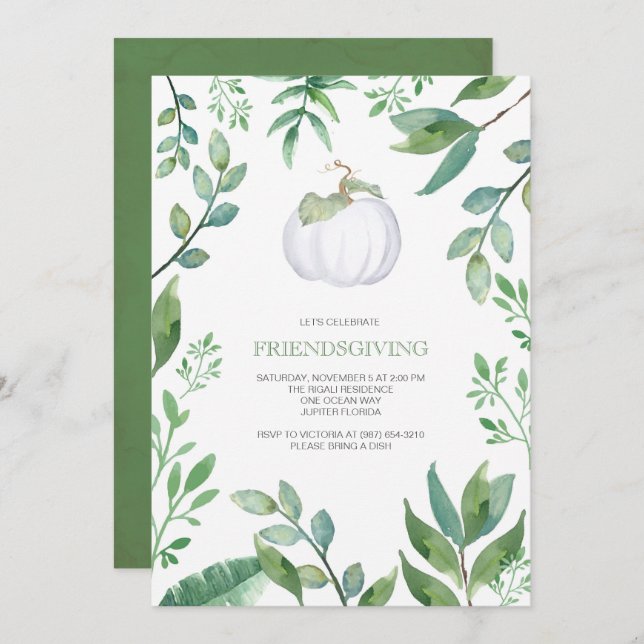 Botanical White Pumpkin Greenery Friendsgiving Invitation (Front/Back)