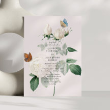 Botanical white rose butterfly wedding invitation