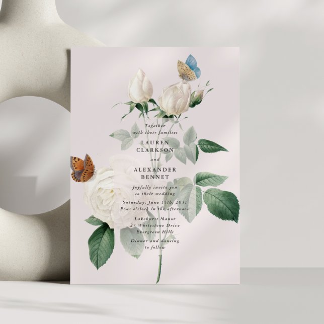 Botanical white rose butterfly wedding invitation (Creator Uploaded)
