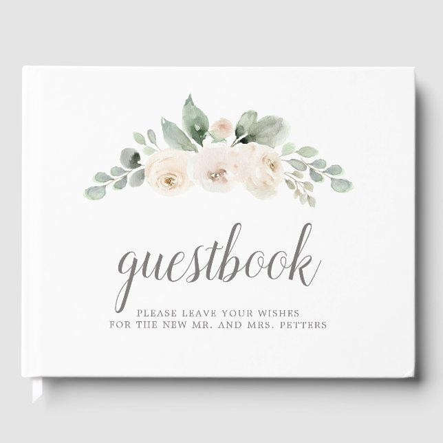Botanical White Rose Floral Wedding Guest Book (Front)