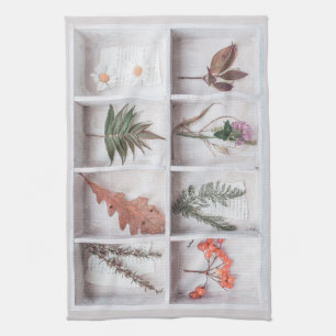 Botanical White Shadow Box, Flowers Leaves Ferns Tea Towel