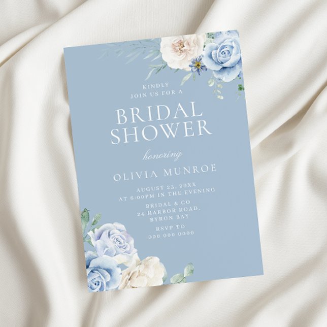 Botanical White & Sky Blue Floral Bridal Shower Invitation (Creator Uploaded)