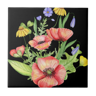 Botanical Wildflower Bouquet Watercolor Art Ceramic Tile