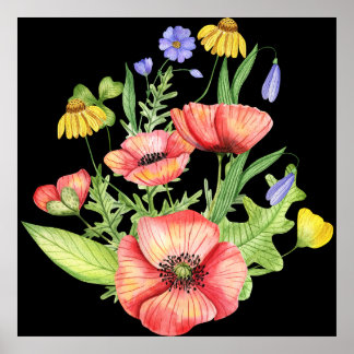 Botanical Wildflower Bouquet Watercolor Art Poster