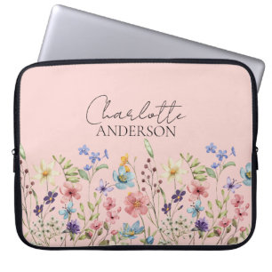 Botanical Wildflower Custom Name Blush Pink Laptop Sleeve