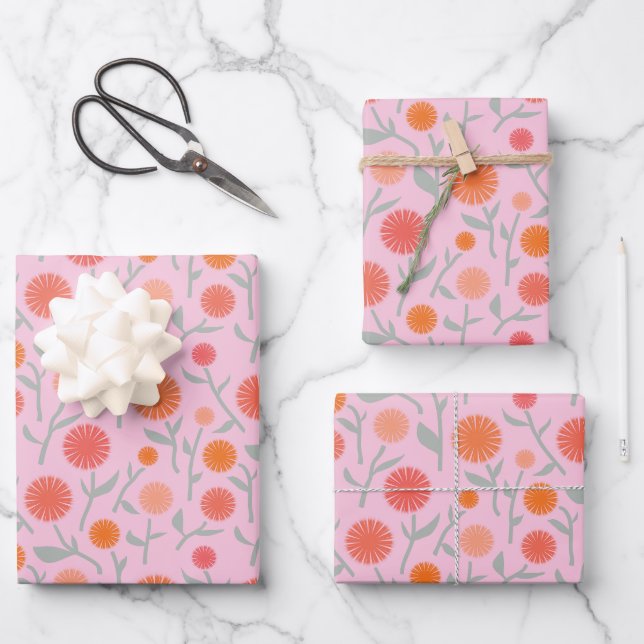 Botanical Wildflower Dandelion Pink Pattern  Wrapping Paper Sheet (Front)