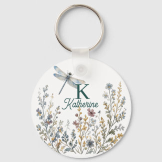 Botanical Wildflower Dragonfly Monogram Canvas Tot Key Ring