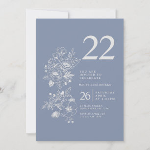 Botanical Wildflower Dusty Blue 22nd Birthday Invitation
