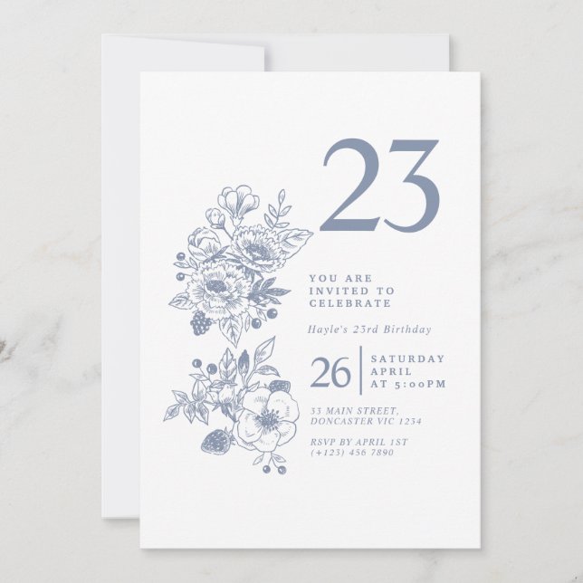 Botanical Wildflower Dusty Blue 23rd Birthday Invitation (Front)