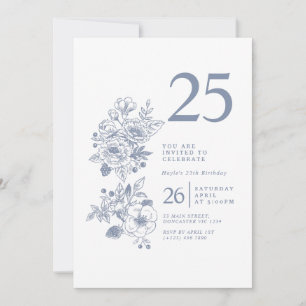 Botanical Wildflower Dusty Blue 25th Birthday Invitation