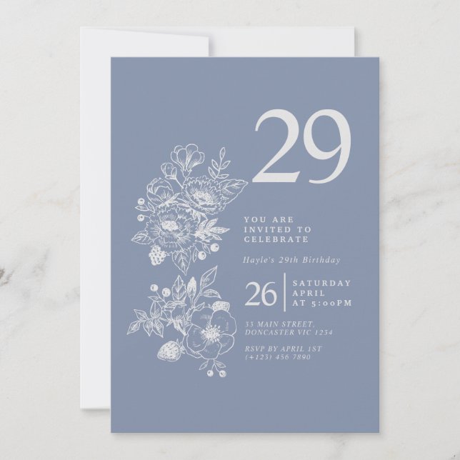 Botanical Wildflower Dusty Blue 29th Birthday Invitation (Front)