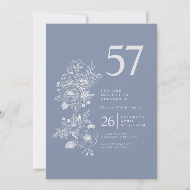 Botanical Wildflower Dusty Blue 57th Birthday Invitation (Front)