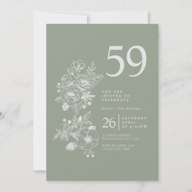 Botanical Wildflower Dusty Blue 59th Birthday Invitation (Front)