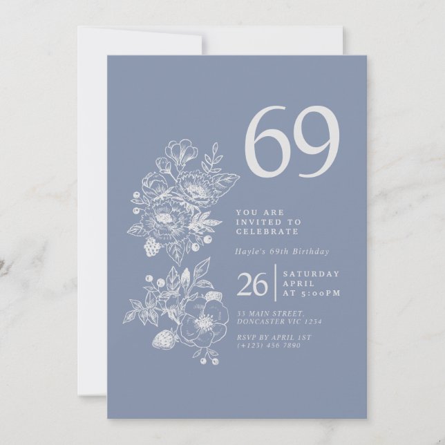 Botanical Wildflower Dusty Blue 69th Birthday Invitation (Front)