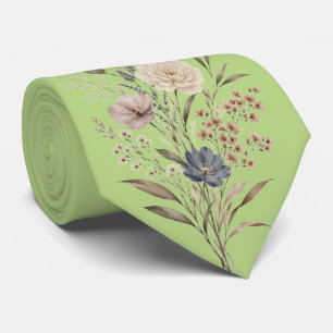 Botanical Wildflower Embroidered-Style Green Tie