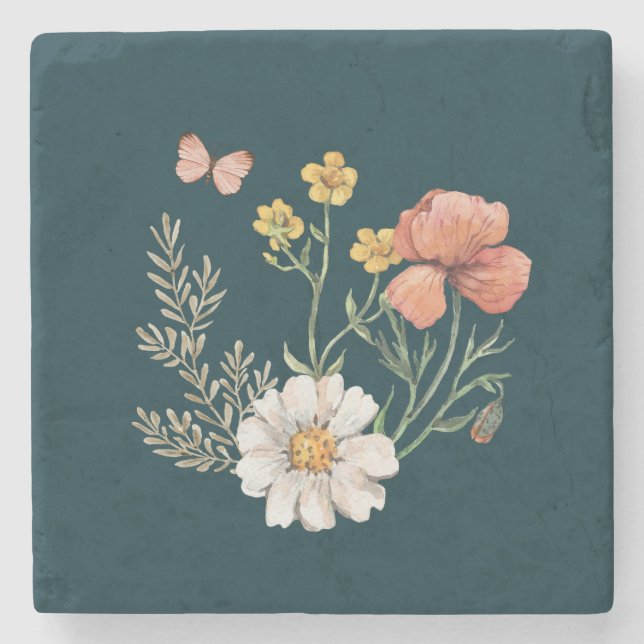Botanical Wildflower Flower Boho  Stone Coaster (Front)