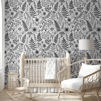 Botanical Wildflower Meadow Black White Paintable Wallpaper