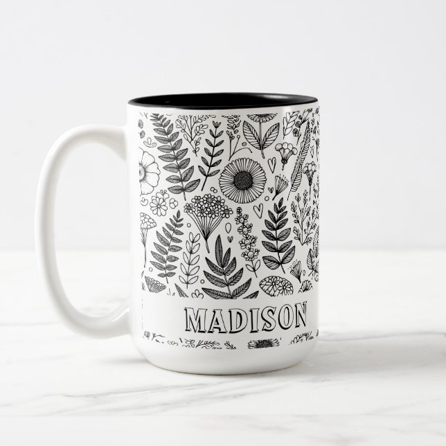Botanical Wildflower Meadow Personalised Colouring Two-Tone Coffee Mug (Left)