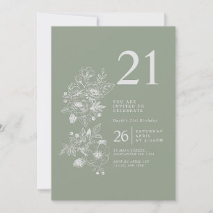 Botanical Wildflower Sage Green 21st Birthday Invitation