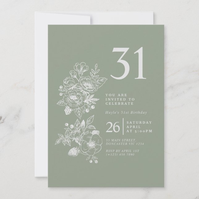 Botanical Wildflower Sage Green 31st Birthday Invitation (Front)