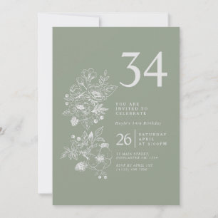 Botanical Wildflower Sage Green 34th Birthday Invitation