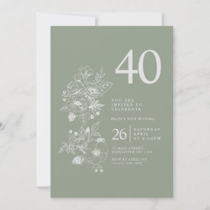 Botanical Wildflower Sage Green 40th Birthday Invitation