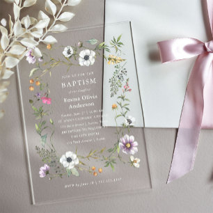 Botanical Wildflowers Elegant and Pretty Baptism Acrylic Invitations
