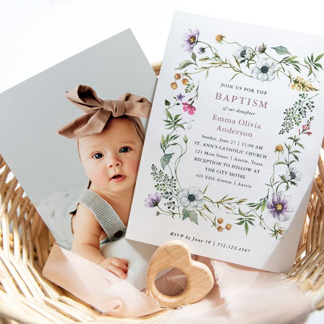 Botanical Wildflowers | Elegant Baptism Photo Back Invitation (Creator Uploaded)