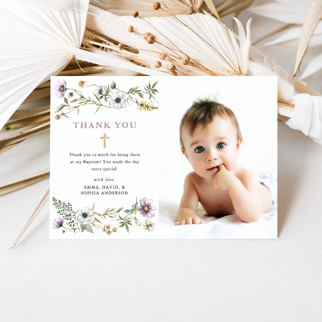 Botanical Wildflowers | Elegant Baptism Photo Thank You Card (Creator Uploaded)
