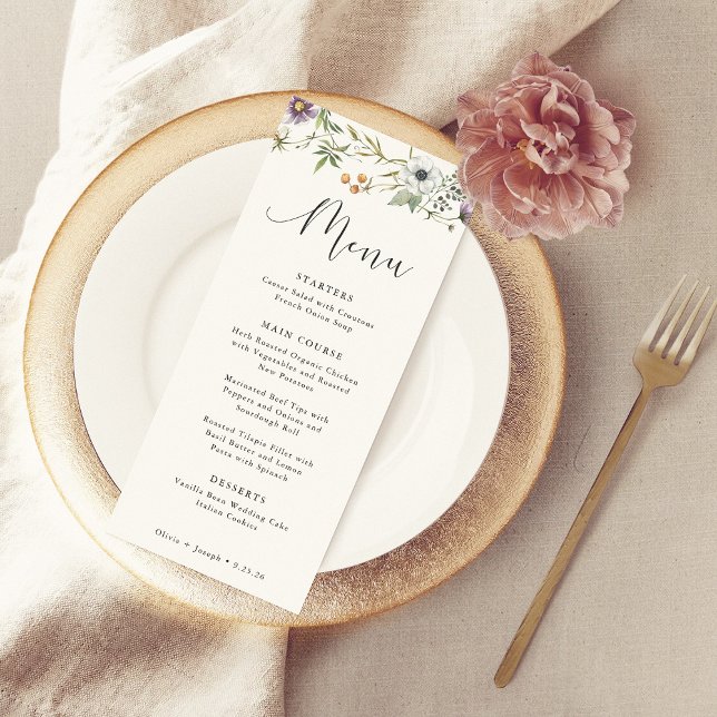 Botanical Wildflowers | Simple Elegant Wedding Menu (A simple and elegant wedding menu decorated with wildflowers)