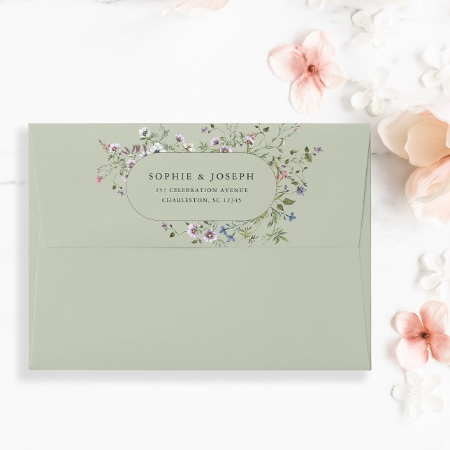 Botanical Wildflowers | Soft Green Wedding Envelope (A pretty, light green envelope decorated with wildflowers)
