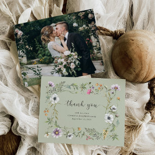 Botanical Wildflowers   Soft Green Wedding Photo Thank You Card