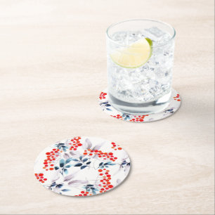 Botanical Wind Leaves Red Berry Watercolor Round Paper Coaster